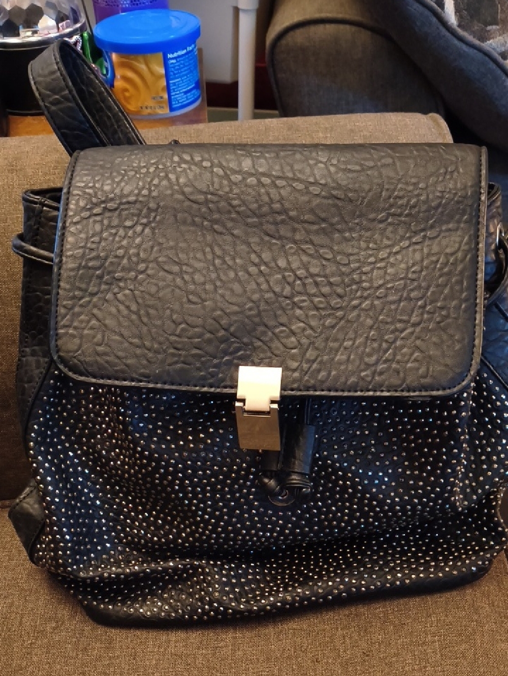 Expressions Black Studded Faux-Leather Backpack